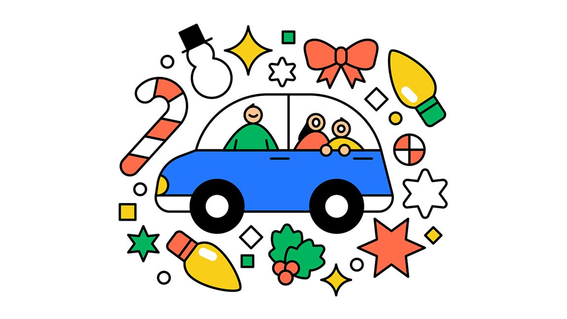 An illustration of a family in a car surrounded by holiday lights