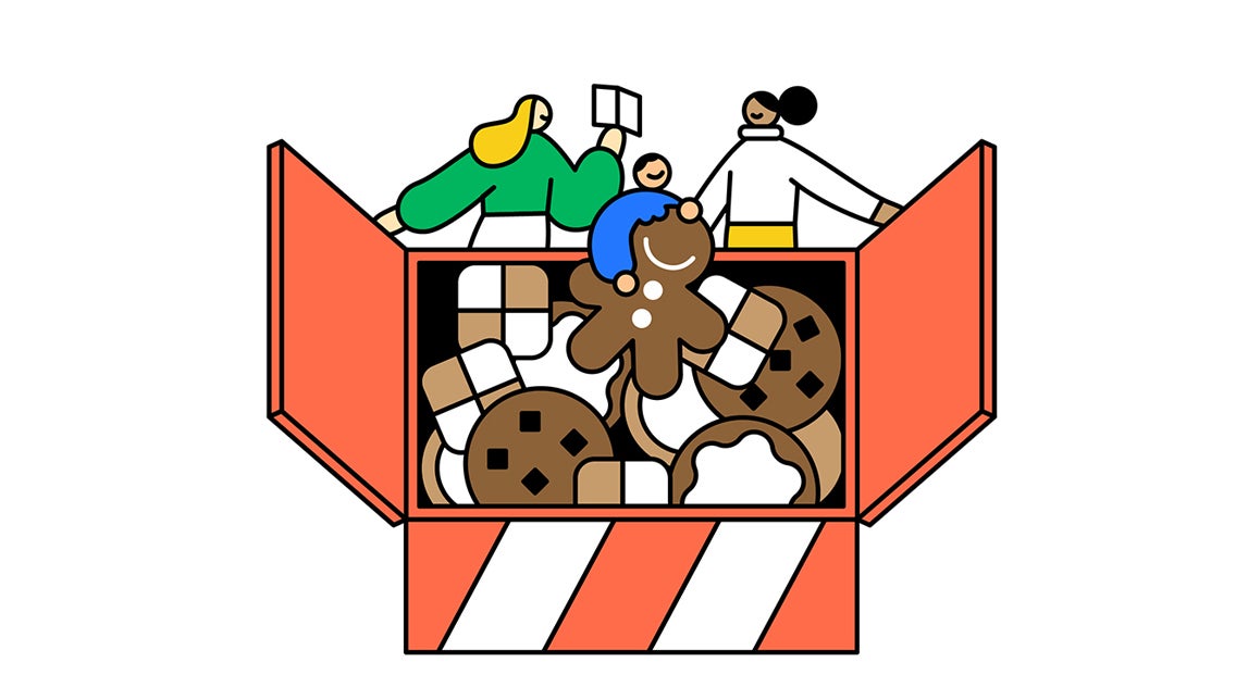 An illustration of people pulling cookies from a box