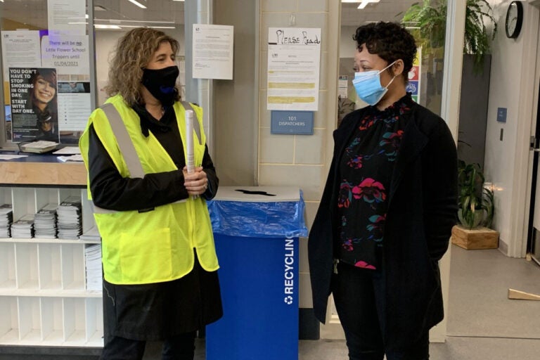 SEPTA General manager Leslie Richards speaks to a fellow SEPTA employee at Frankford Transportation Center in Philadelphia. (Courtesy of SEPTA)