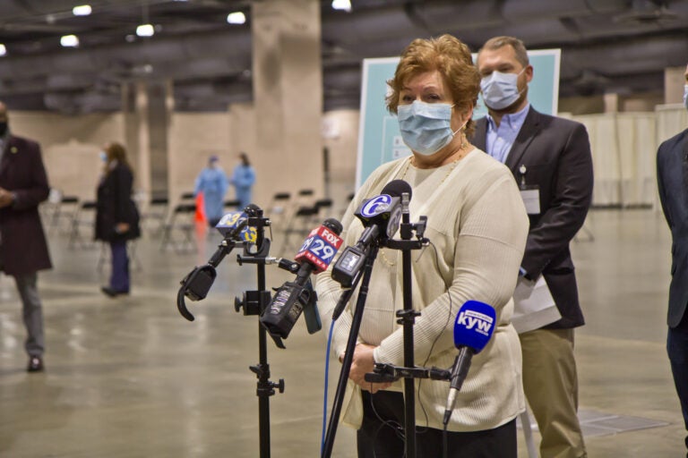 Philadelphia Deputy Health Commissioner Dr. Caroline Johnson speaks at the opening of Philly Fighting COVID's vaccine clinic at the Pennsylvania Convention Center. (Kimberly Paynter/WHYY)