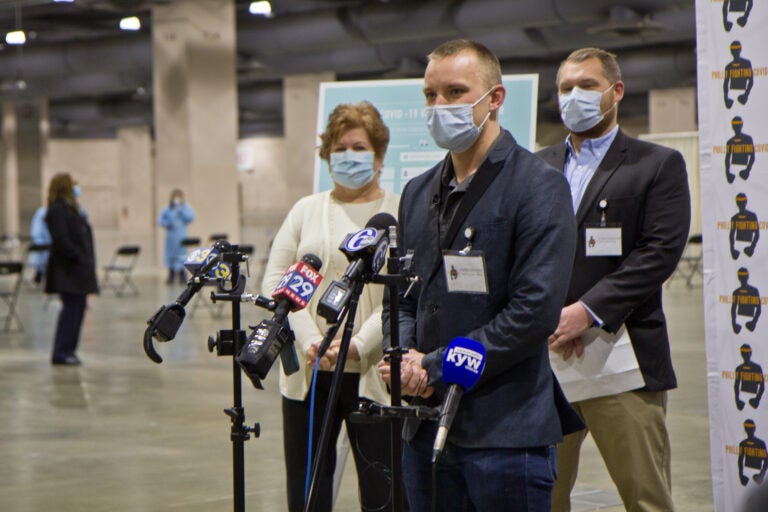 Philly Fighting COVID CEO Andrei Doroshin speaks at the opening of the community vaccine clinic at the Pennsylvania Convention Center. (Kimberly Paynter/WHYY)