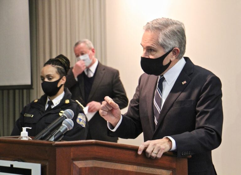 Philadelphia District Attorney Larry Krasner appears as a podium