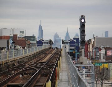 The Philadelphia skyline is seen from the Market Frankford platform at 63rd Street