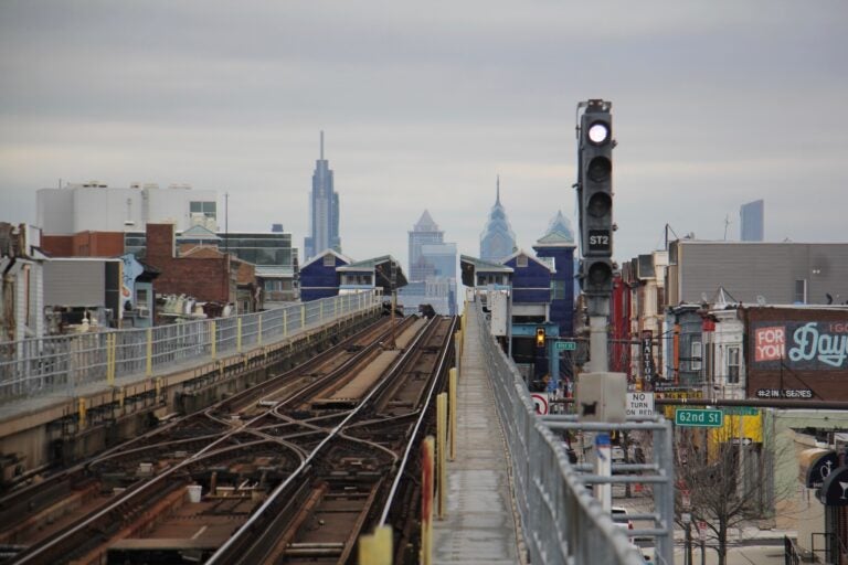 The Philadelphia skyline is seen from the Market Frankford platform at 63rd Street