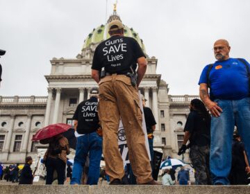 2nd Amendment Rally attendees carry guns and signs on the Capitol steps in Harrisburg, Pa., on Sept. 29, 2020. (Kate Landis/WITF)