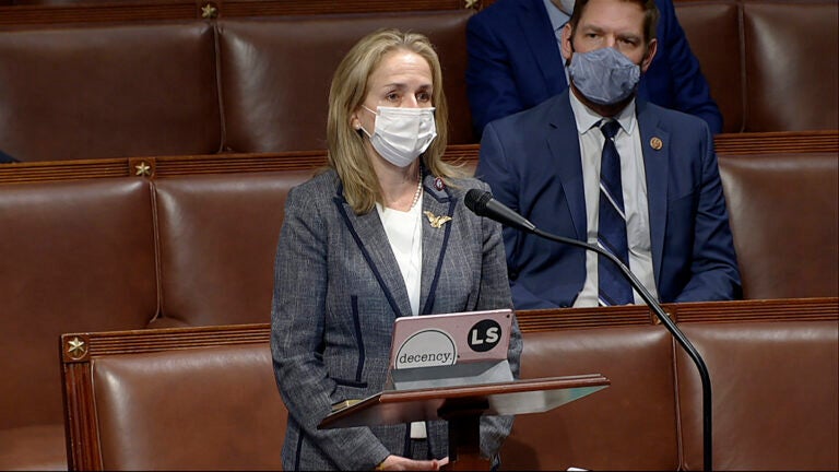 In this image from video, Rep. Madeleine Dean, D-Pa., speaks as the House debates the objection to confirm the Electoral College vote from Pennsylvania, at the U.S. Capitol early Thursday, Jan. 7, 2021. (House Television via AP)