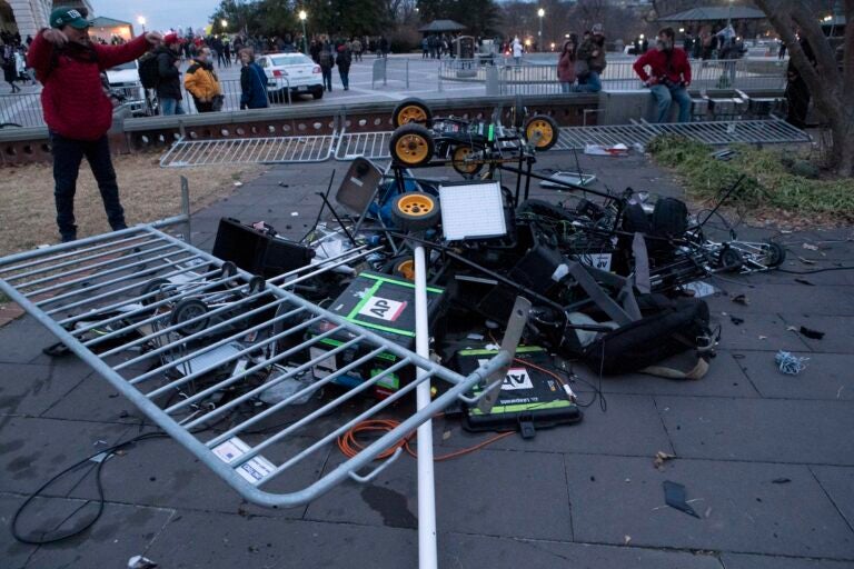 Pro-Trump insurrectionists left a pile of broken TV equipment outside the the U.S. Capitol on Wednesday, Jan. 6, 2021, in Washington. (