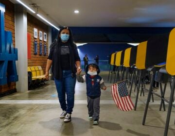 Lisa Carrera and her 2-year-old grandson Maverick hold hands as they walk inside a polling place