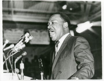 The Rev. Martin Luther King Jr. speaks to a mass rally in Memphis on April 3, 1968, one day before his assassination. (Courtesy of Special Collections Department, University Libraries, University of Memphis Libraries)