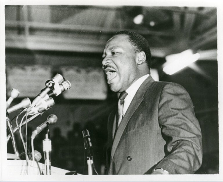 The Rev. Martin Luther King Jr. speaks to a mass rally in Memphis on April 3, 1968, one day before his assassination. (Courtesy of Special Collections Department, University Libraries, University of Memphis Libraries)