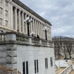 Police and barricades are seen at the Pennsylvania Capitol