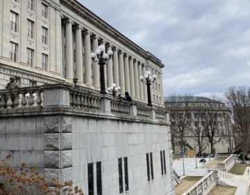 Police and barricades are seen at the Pennsylvania Capitol