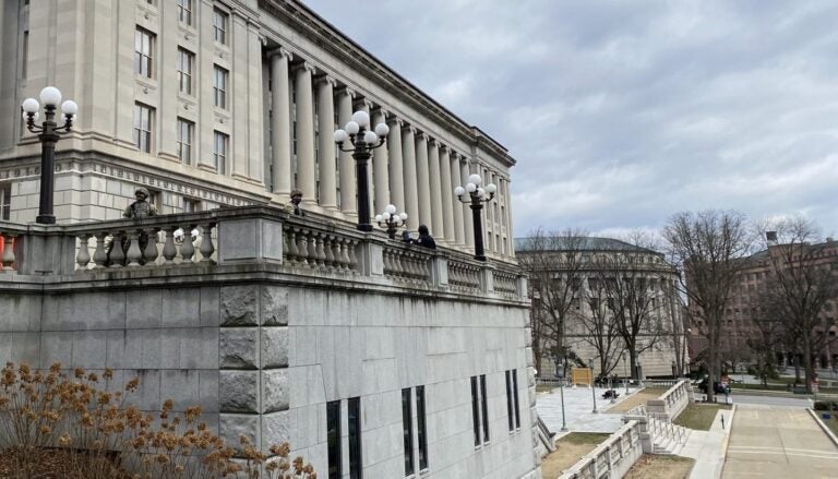 Police and barricades are seen at the Pennsylvania Capitol