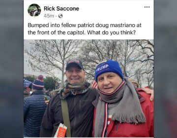 Pa. State Sen. Doug Mastriano, left, seen at the protest outside of the Capitol by Rick Saccone, right.