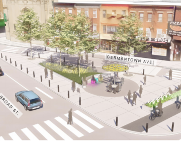 A rendering of a redesign proposed for the intersection of Broad, Erie and Germantown in North Philadelphia shows a lawn, trees and seating. (Provided by the City of Philadelphia)