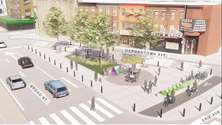A rendering of a redesign proposed for the intersection of Broad, Erie and Germantown in North Philadelphia shows a lawn, trees and seating. (Provided by the City of Philadelphia)