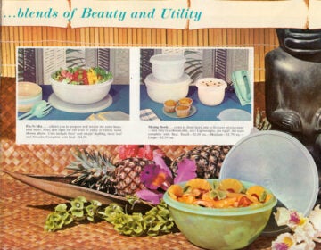 A tiki-style Tupperware magazine ad from the 1960s. Tupperware was created by Earl Tupper, a chemical engineer with Dupont, and began to enter the home after World War II. (Courtesy of Sarah Archer)