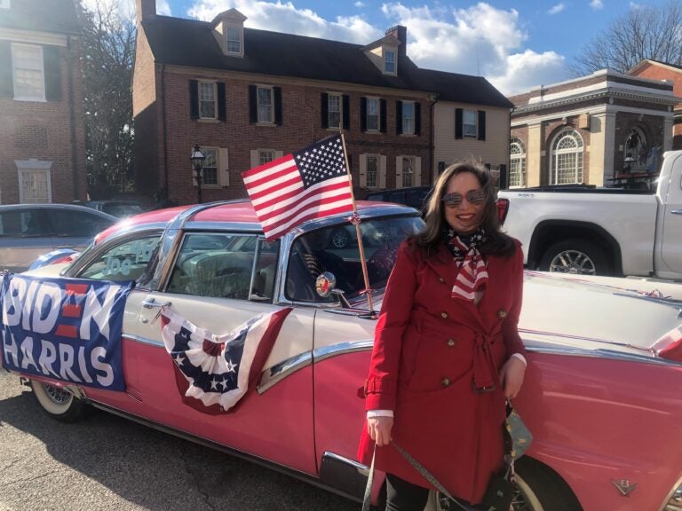 Amy Roe went all out in decorating her 1955 Ford for Biden's inauguration. (Cris Barrish/WHYY)