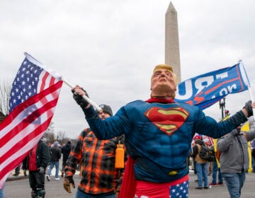 With the Washington Monument in the background, people attend a rally in support of President Donald Trump