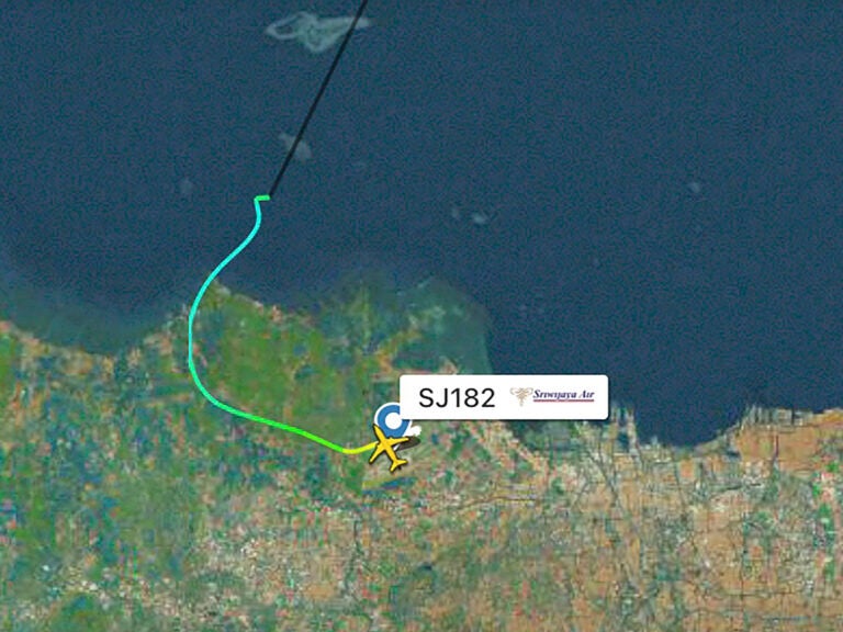 This radar image shows the flight path of Indonesian Sriwijaya Air Flight 182 before it dropped off radar on Saturday. (Flightradar24.com via AP)