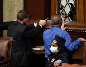 Police with guns drawn watch as protesters try to break into the House Chamber at the U.S. Capitol on Wednesday, Jan. 6, 2021, in Washington. (AP Photo/J. Scott Applewhite)