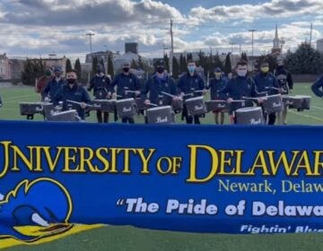 Members of the University of Delaware drumline practice in preparation for their performance in the stripped down inaugural parade for UD alum Joe Biden. (courtesy UDel)