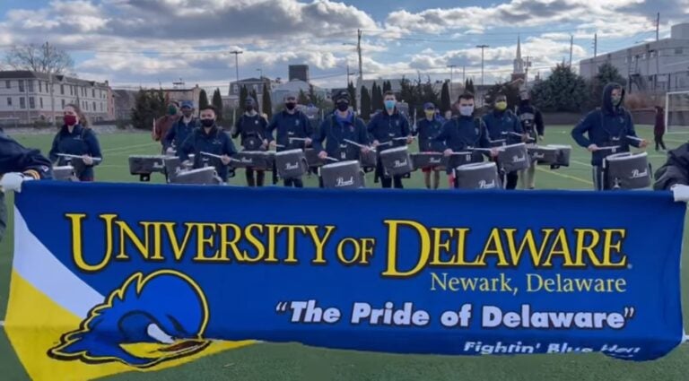 Members of the University of Delaware drumline practice in preparation for their performance in the stripped down inaugural parade for UD alum Joe Biden. (courtesy UDel)