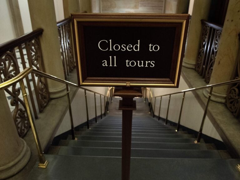 A view is seen of one of the breached entrances to the US Capitol building after last week's takeover by a pro-Trump mob