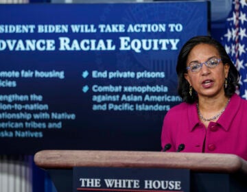 Susan Rice, President Biden's domestic policy adviser, discusses his racial equity agenda Tuesday at the White House.