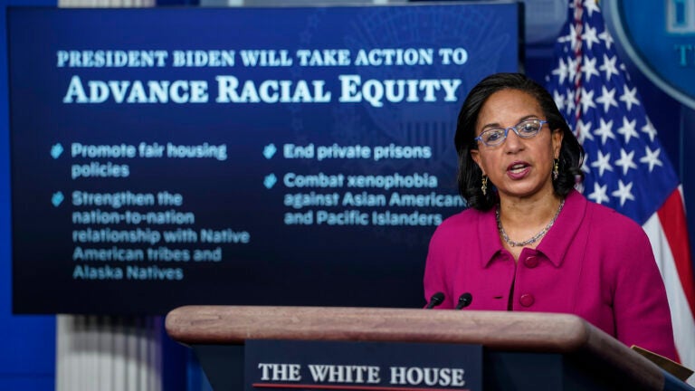 Susan Rice, President Biden's domestic policy adviser, discusses his racial equity agenda Tuesday at the White House.