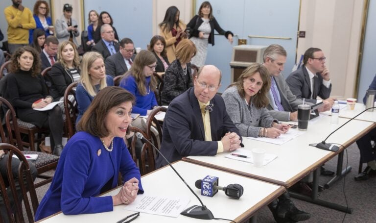 State Sen. Kristin Phillips-Hill, R-York, (left) speaks in support of Senate Bill 60, also known as the “Buyer Beware Act,” during a House Judiciary Committee hearing on Jan. 14, 2020. Also pictured, from left: state Rep. Paul Schemel, R-Franklin, Rep. Sheryl Delozier, R-Cumberland, Rep. Todd Stephens, R-Montgomery and Rep. Matt Dowling, R-Fayette/Somerset. (Courtesy of Phillips-Hill chief of staff Jon Hopcraft)