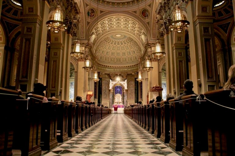 Philadelphia Archbishop Nelson Perez delivers the homily during Ash Wednesday services at the Basilica of Saints Peter and Paul in Philadelphia. (Emma Lee/WHYY)