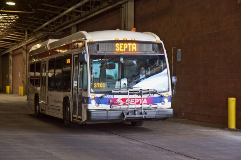 A SEPTA bus driver navigates through SEPTA’s Midvale bus depot
