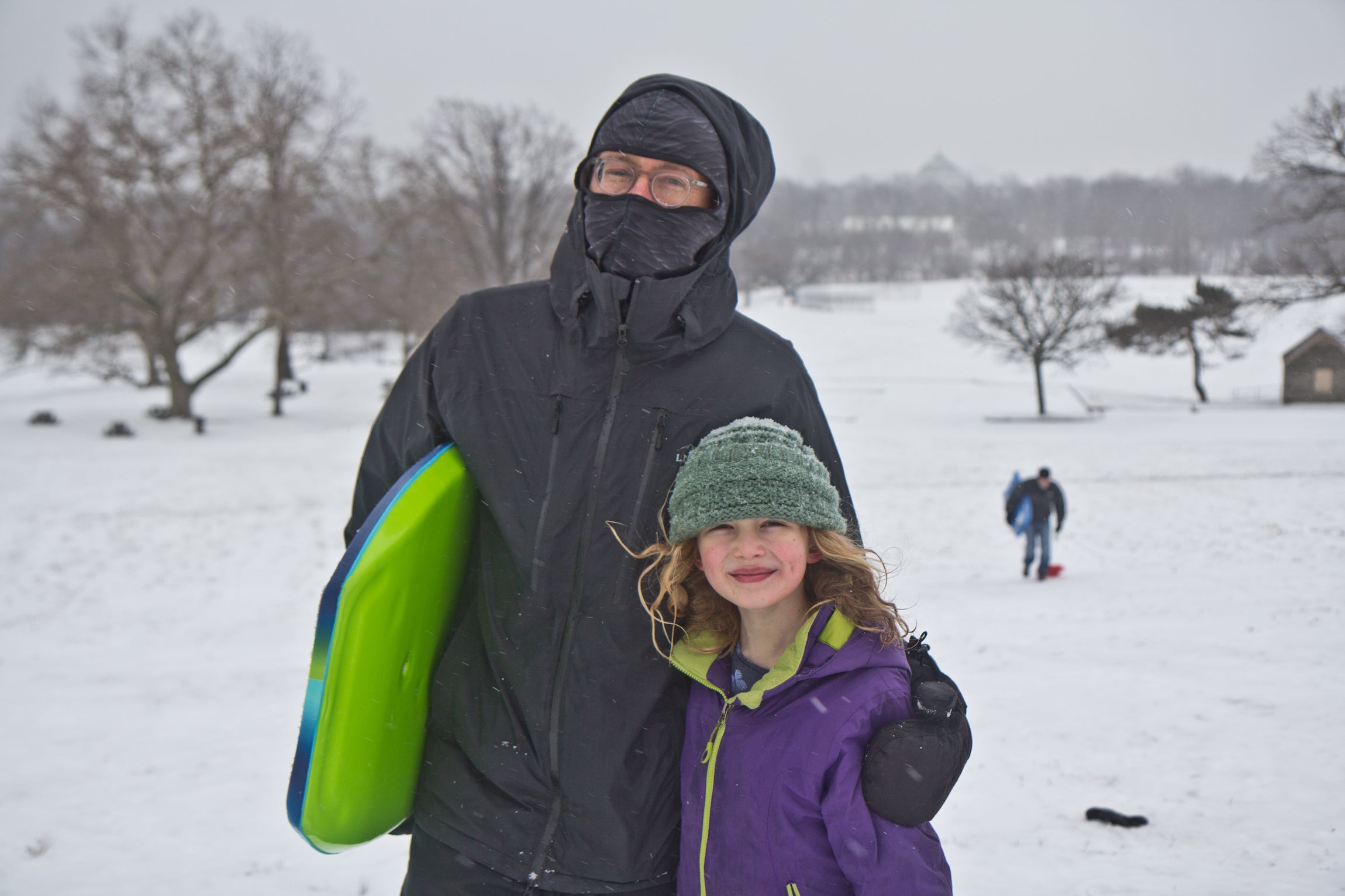 David Zarin and his daughter Phoebe sled in Fairmount Park