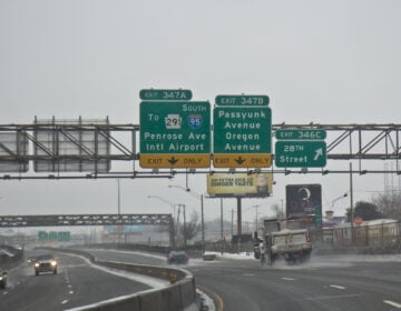 A truck salts 76 East during a winter storm in Philadelphia.