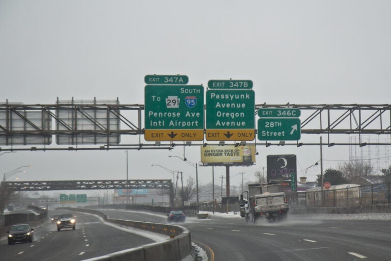 A truck salts 76 East during a winter storm in Philadelphia.