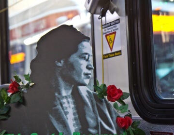 A cutout of Rosa Parks is seen on a SEPTA bus