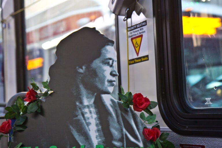 A cutout of Rosa Parks is seen on a SEPTA bus