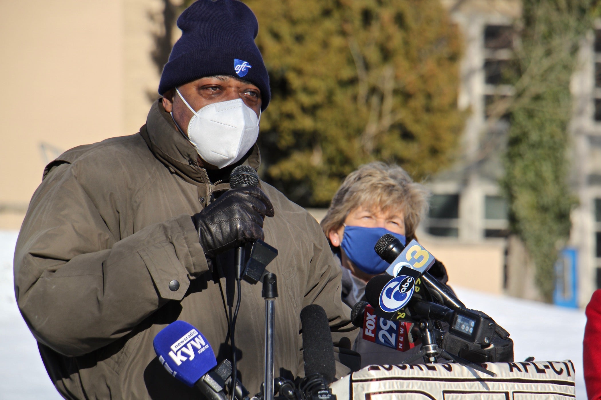 Philadelphia Federation of Teachers President Jerry Jordan and American Federation of Teachers President Randi Weingarten speak at a protest outside Gompers elementary school.