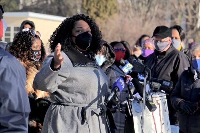 City Councilmember Katherine Gilmore Richardson speaks in support of teachers, who were protesting the school district's attempt to open schools to in-person learning for young students.