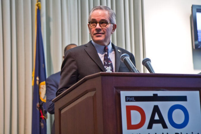 Philadelphia District Attorney Larry Krasner addresses the media