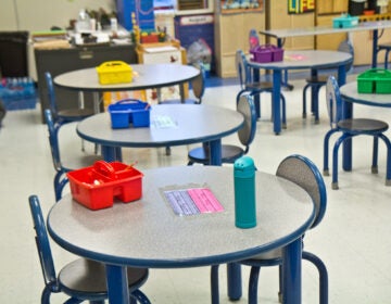 Activity tables are spaced apart at a Philadelphia charter school