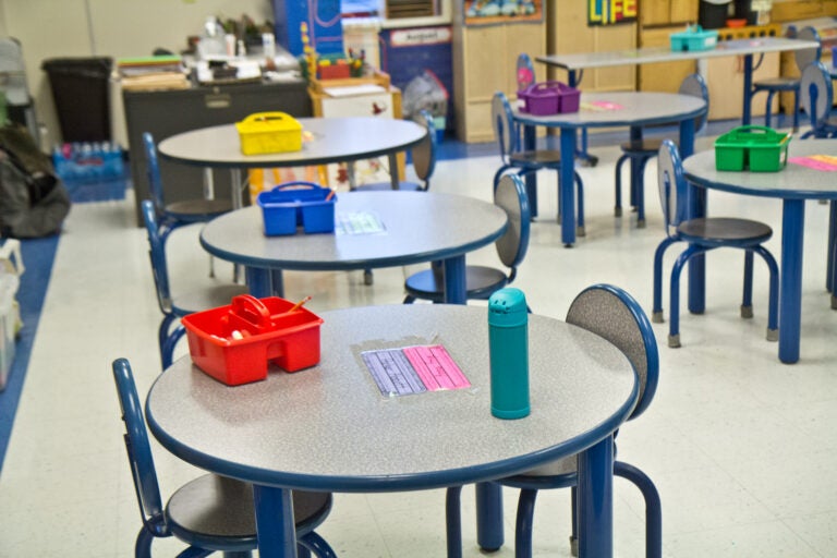 Activity tables are spaced apart at a Philadelphia charter school