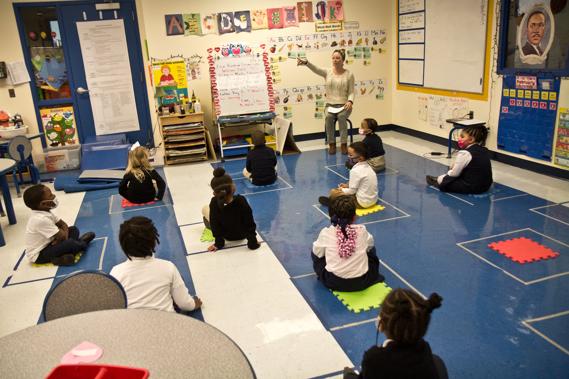 Kindergarten students are spaced out in class at Russell Byers Charter School
