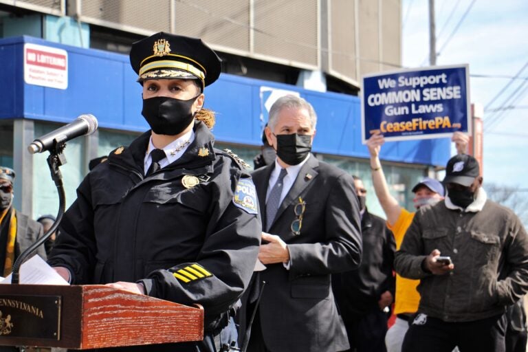 Philadelphia Police Commissioner Danielle Outlaw speaks at Olney Transportation Center, where a mass shooting occurred on Feb. 17, 2021. (Emma Lee/WHYY)