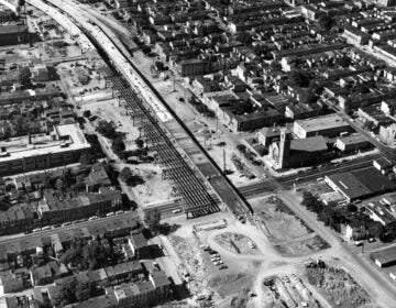 Construction work approaches 4th Street in September 1965. On the lower right, St. Paul's Catholic Church narrowly avoided the path of the interstate. (Courtesy of Delaware Public Archives)