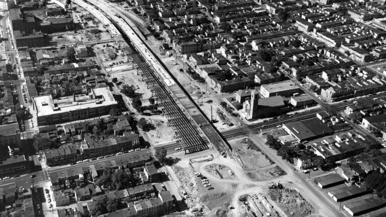 Construction work approaches 4th Street in September 1965. On the lower right, St. Paul's Catholic Church narrowly avoided the path of the interstate. (Courtesy of Delaware Public Archives)