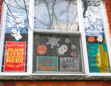 A Philadelphia household mixes political signs and holiday decor in their front windows during the turbulent fall of 2020. (Conrad Benner for WHYY)