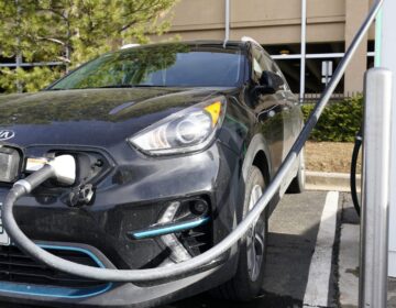 
A Kia Niro EV is charged at a charging station at Colorado Mills Outlet Mall Monday, Dec. 21, 2020, in Lakewood, Colo. (David Zalubowski/AP Photo)