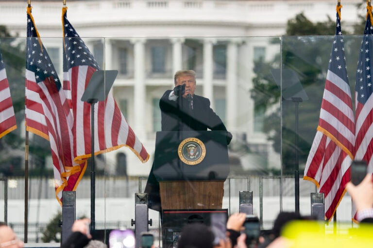 FILE - In this Jan. 6, 2021, file photo President Donald Trump speaks during a rally protesting the electoral college certification of Joe Biden as President in Washington. Arguments begin Tuesday, Feb. 9, in the impeachment trial of Donald Trump on allegations that he incited the violent mob that stormed the U.S. Capitol on Jan. 6. (AP Photo/Evan Vucci, File)